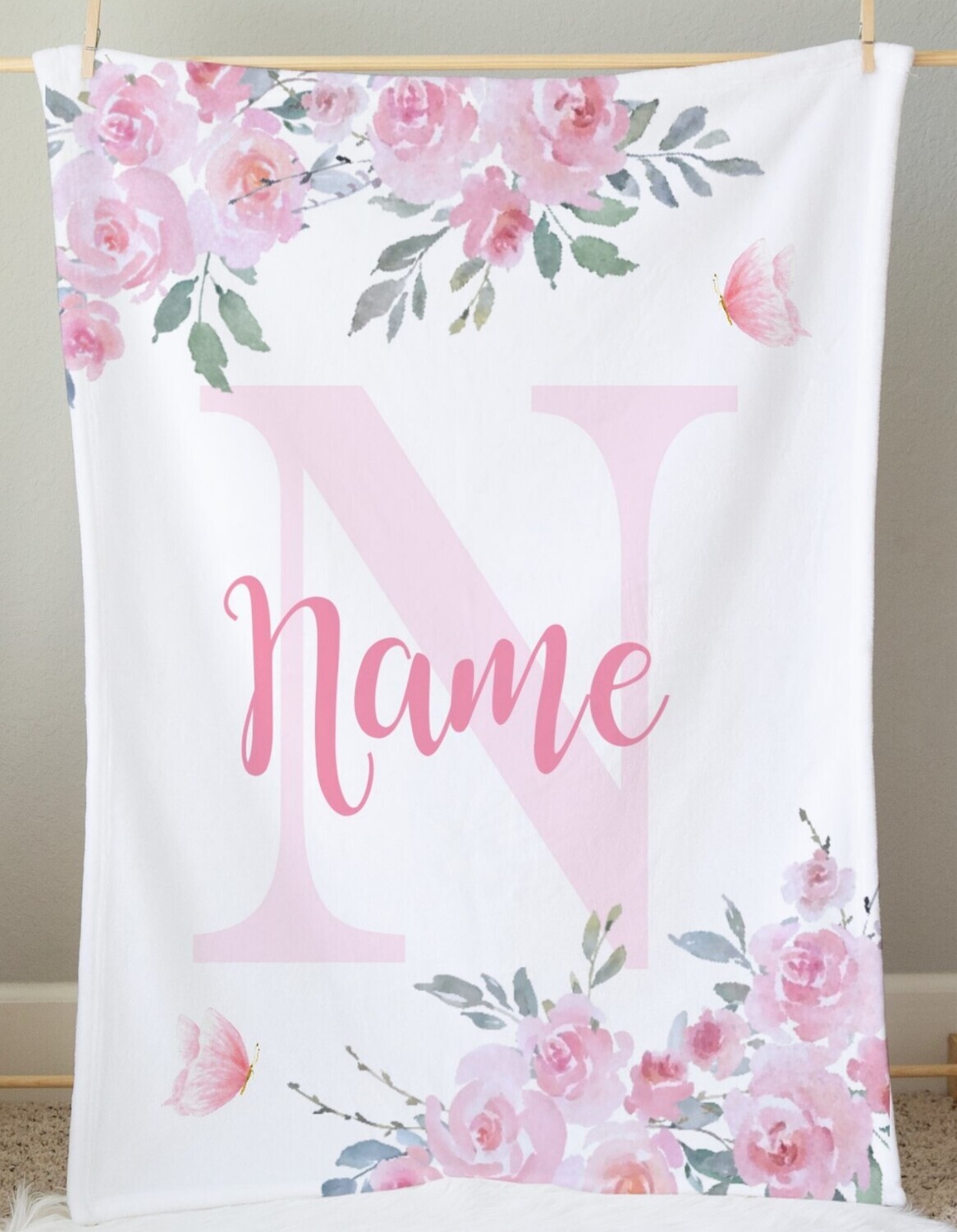 Baby Girl Blanket Personalized Pink Floral Butterflies Minky Fleece Blankets Nursery Decor New Baby Shower Gift