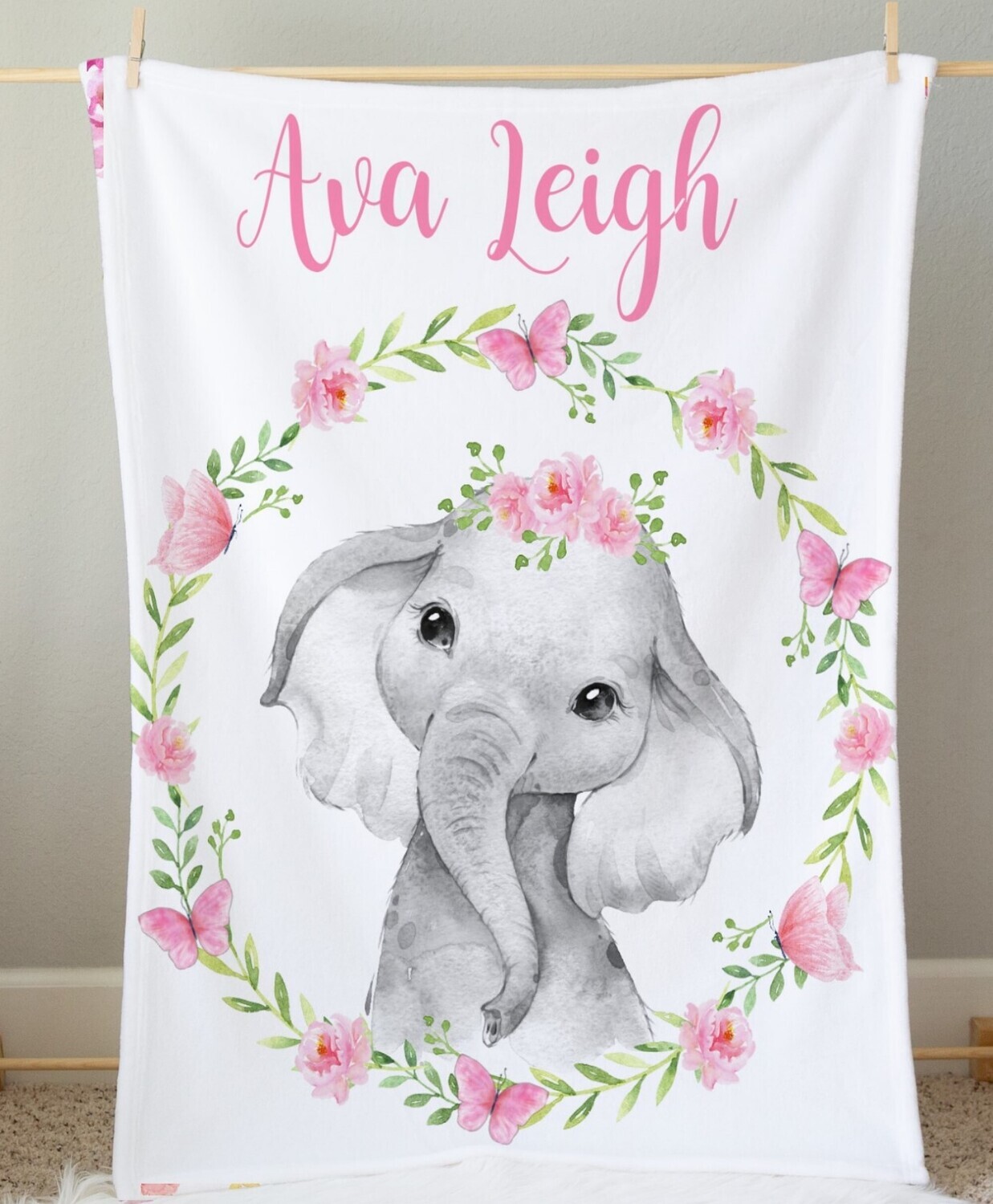 Baby Girl Blanket Personalized Elephant Butterfly Floral Wreath Minky Fleece Blankets Nursery Decor New Baby Shower Gift
