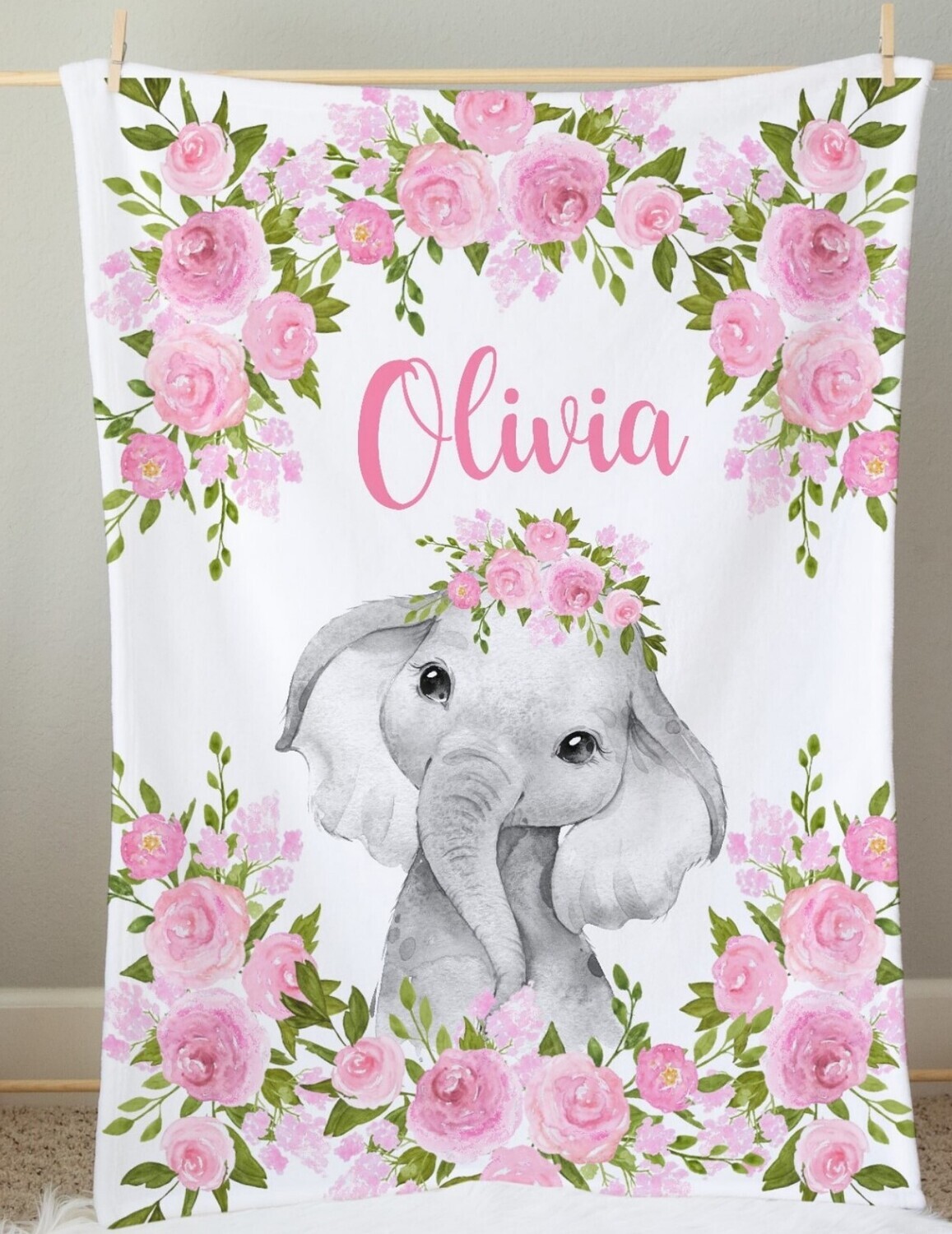 Elephant Baby Girl Blanket Personalized Pink Floral Safari Animal Nursery Blanket Minky Fleece Blankets Nursery Decor New Baby Shower Gift