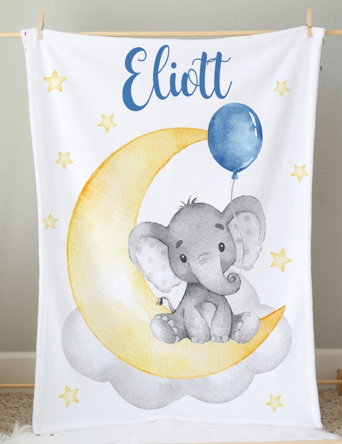 Personalized Baby Boy Blanket Blue Yellow Elephant Baby Nursery Decor Shower Gift