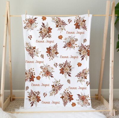 Autumn Boho Floral Blanket Personalized Custom Name Blanket Shower Gift Custom Name Blanket Girl Bedroom Nursery Throw Tummy Time