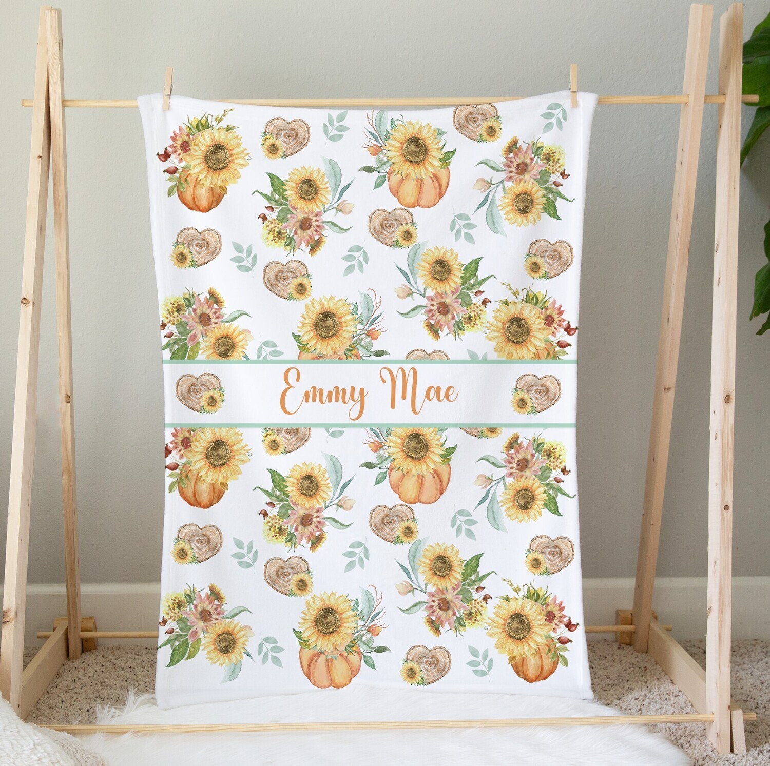 Fall Floral Pumpkins Blanket Personalized Custom Name Blanket Shower Gift Custom Name Blanket Girl Bedroom Nursery Throw Tummy Time
