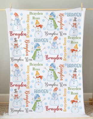 Snowman Winter Blanket Personalized Custom Name Blanket Christmas Gift Custom Name Blanket Boy Girl Bedroom Nursery Throw Tummy Time