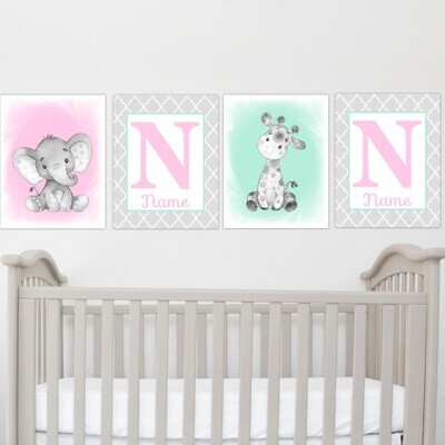 Twins Pink Mint Green Safari Animals Baby Girl Nursery Decor Wall Art Prints Elephant Giraffe Lion Pictures New Baby Gift SET OF 4 UNFRAMED PRINTS or CANVAS