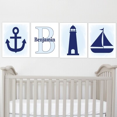 Nautical Baby Nursery Wall Art Navy Blue Gray Sailboat Anchor Lighthouse Personalize Art Boy Room Wall Decor Nautical Decor Baby Nursery Art SET OF 4 UNFRAMED PRINTS
