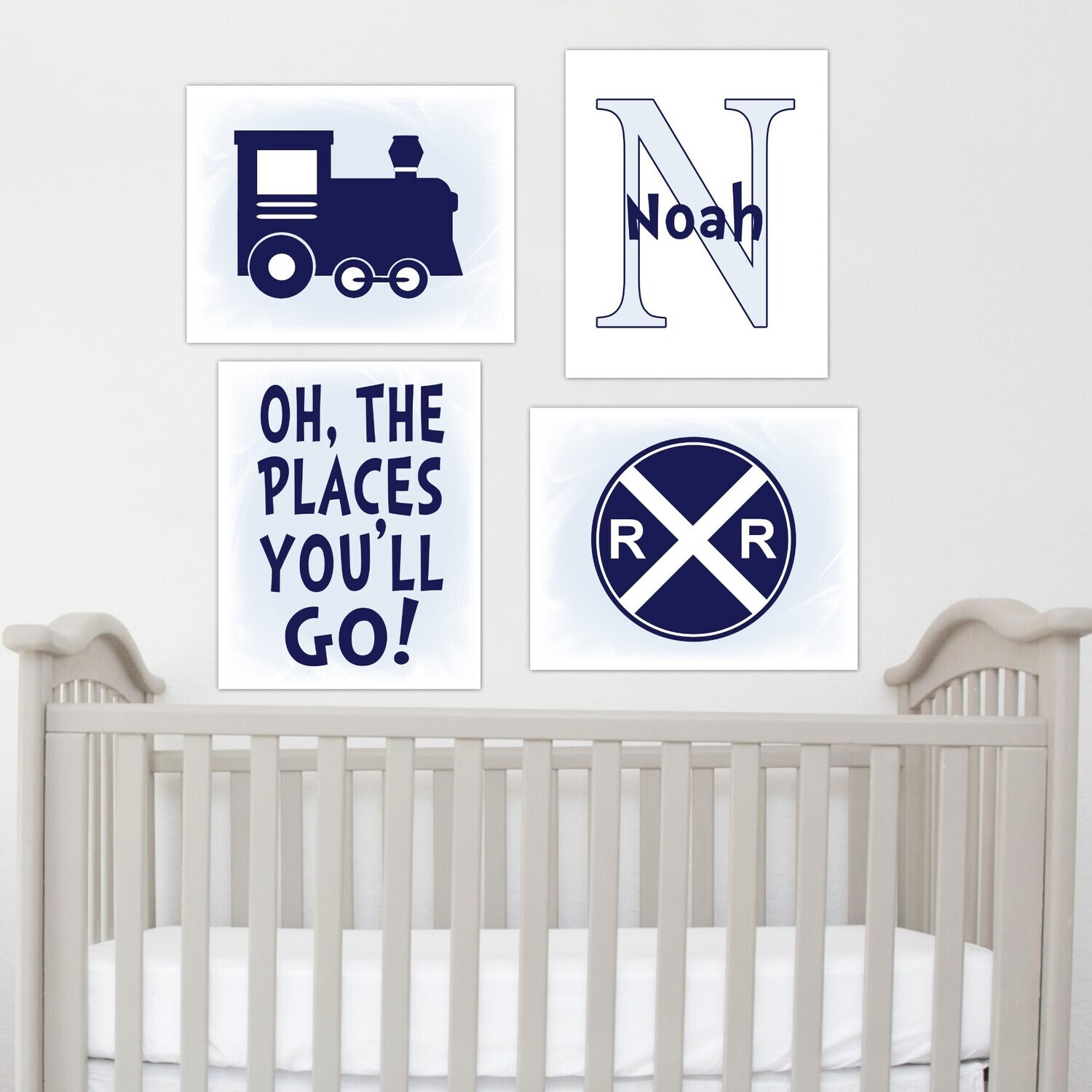 Baby Boy Nursery Art Navy Blue Gray Grey Train Railroad Sign Oh The Places You'll Go Personalize Name Art Chevron Toddler Boy Playroom