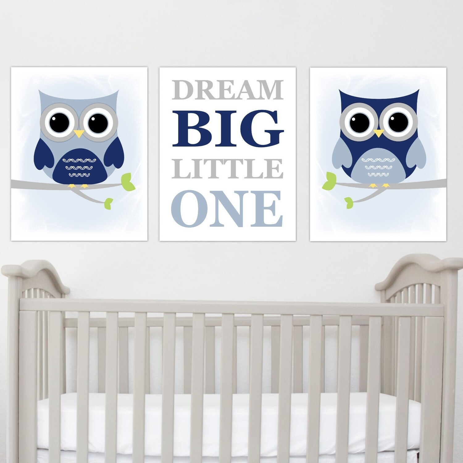 Baby Boy Nursery Wall Art Navy Blue Gray Owls Dream Big Little One Baby Nursery Decor Birds Chevron SET OF 3 UNFRAMED PRINTS