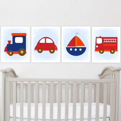 Transportation Baby Boy Nursery Wall Art Sailboat Train Car Fire Truck Toddler Boys Room Decor Wall Art