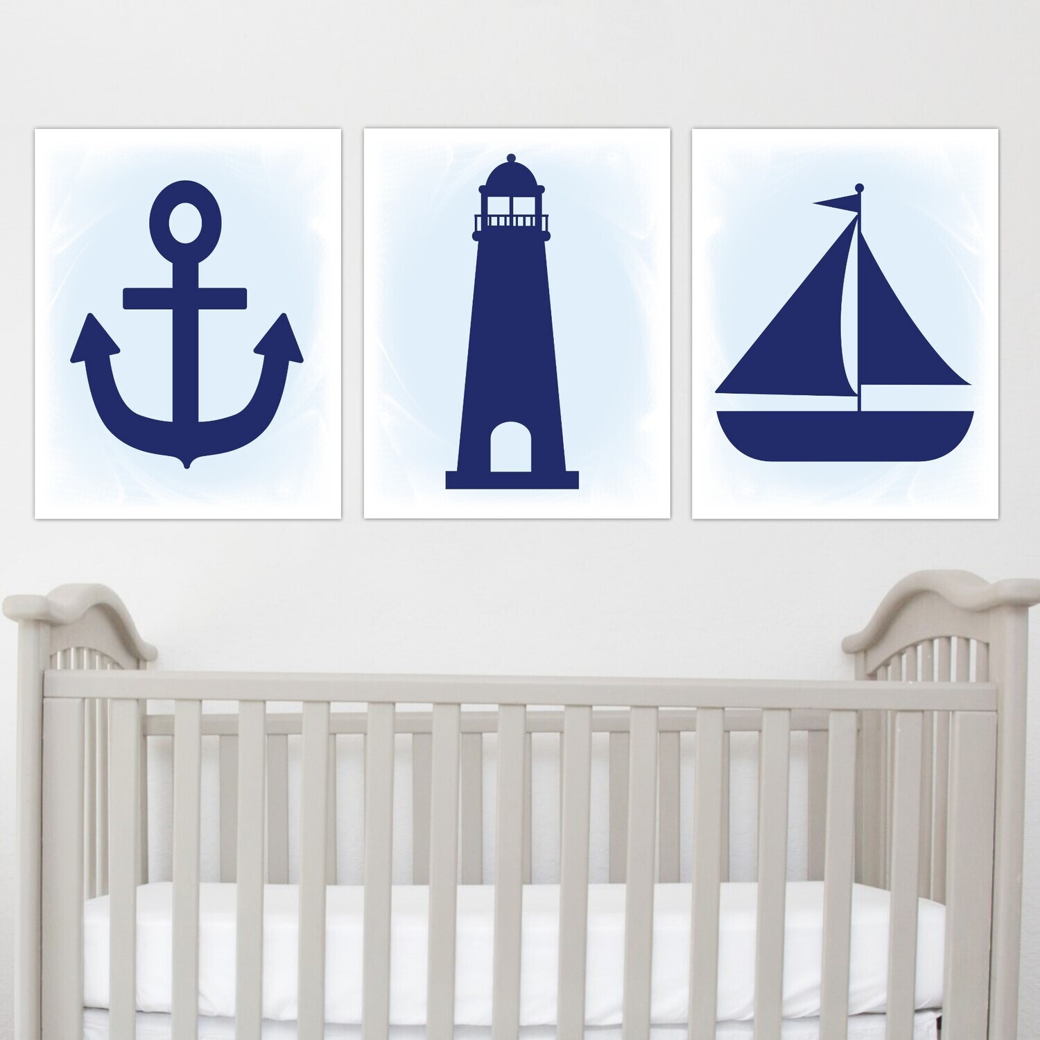 Nautical Boy Wall Art Navy Blue Sailboat Boat Anchor Lighthouse Toddler Boy Bedroom Bath Prints Baby Nursery Decor  SET OF 3 UNFRAMED PRINTS