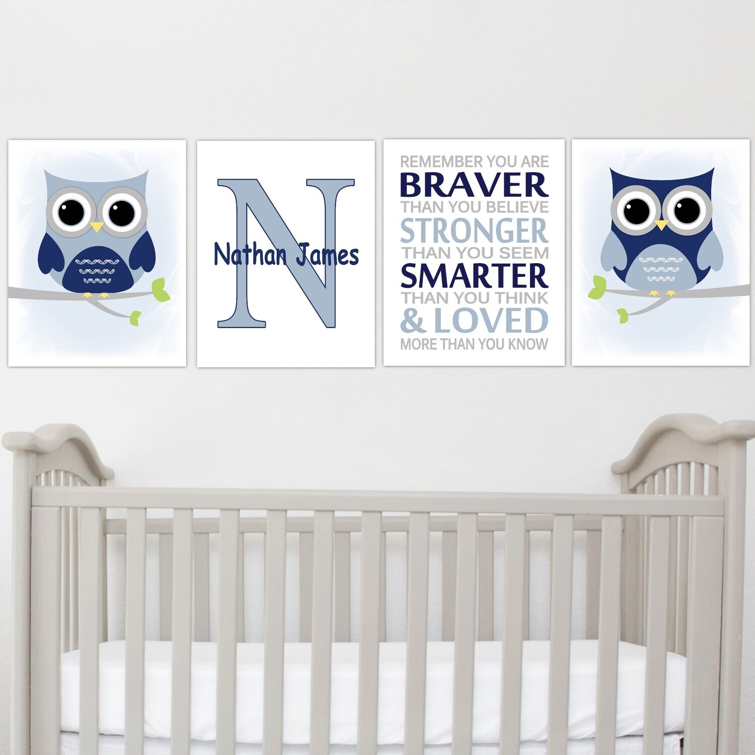 Baby Boy Nursery Wall Art Navy Blue Gray Owls Personalized Remember You Are Braver Stronger Smarter Loved Toddler Boy Room SET OF 4 UNFRAMED PRINTS