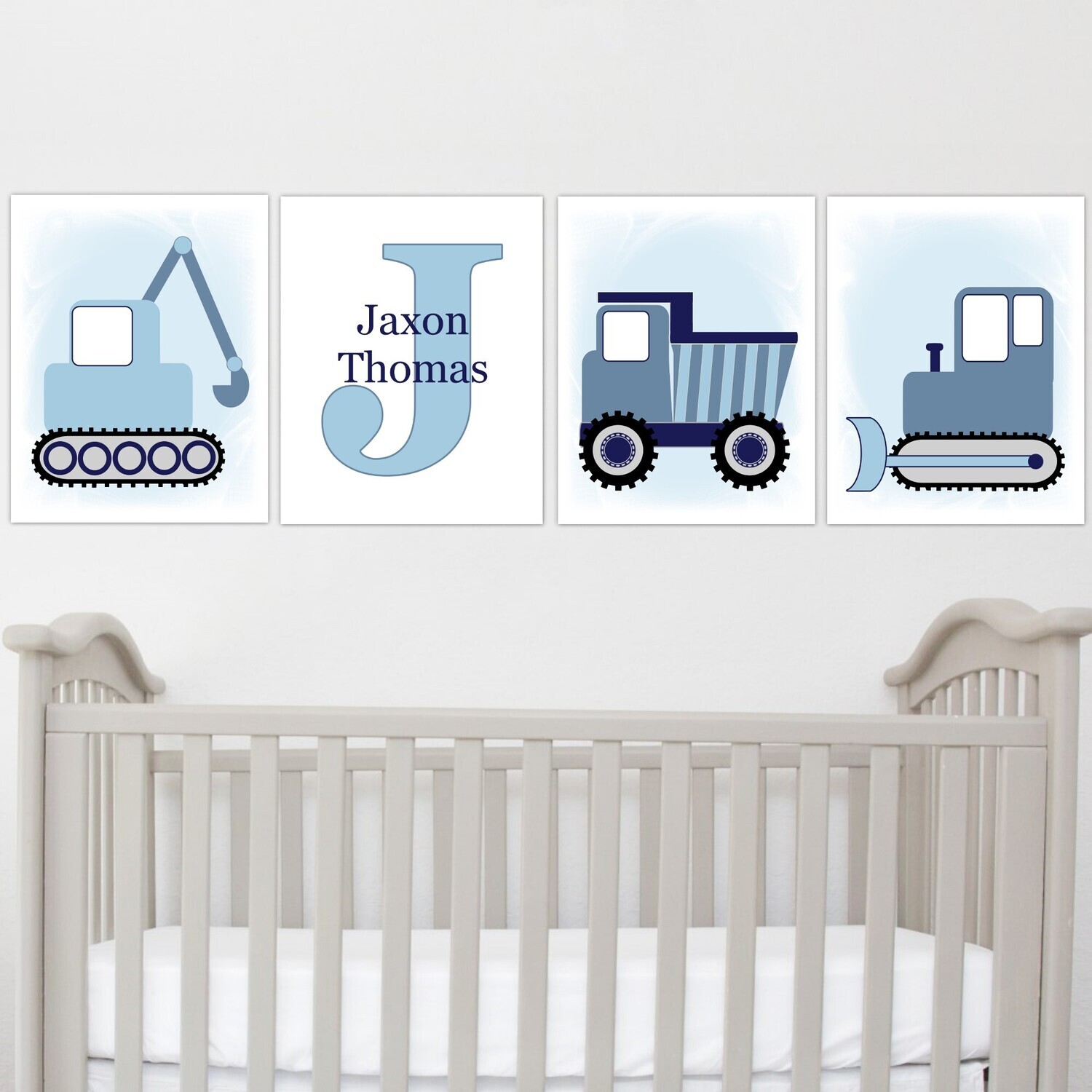 Baby Boy Nursery Wall Art Construction Trucks Personalized Prints Toddler Boy Bedroom Baby Nursery Decor SET OF 4 UNFRAMED PRINTS OR CANVAS