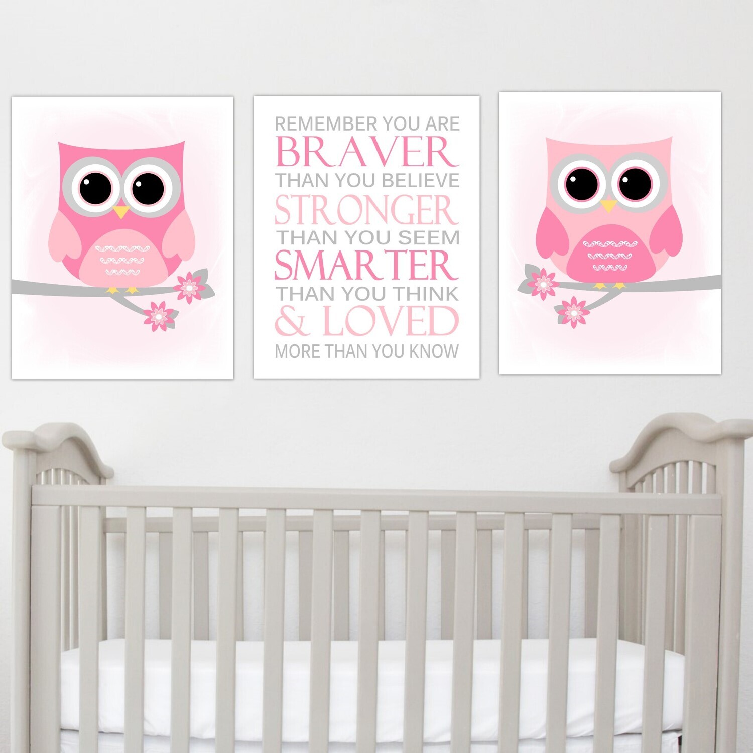 Baby Girl Nursery Wall Art Pink Gray Grey Owls Remember You Are Braver Popular Quotes Birds Flowers Chevron Baby Nursery Decor SET OF 3 UNFRAMED PRINTS