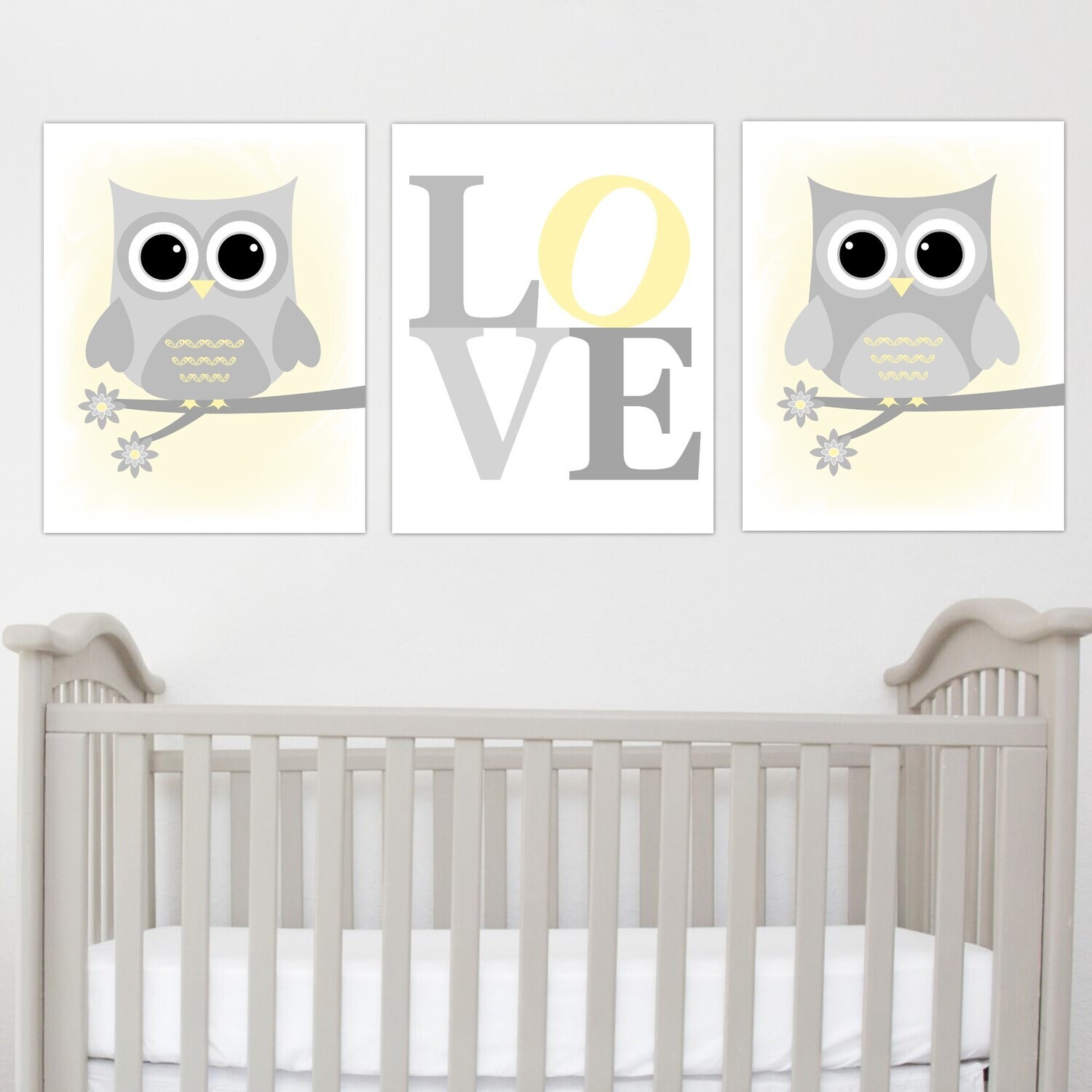Owl Baby Boy Nursery Wall Art Yellow Gray Boy Nursery Decor Owl Pictures Baby Nursery Decor SET OF 3 UNFRAMED PRINTS