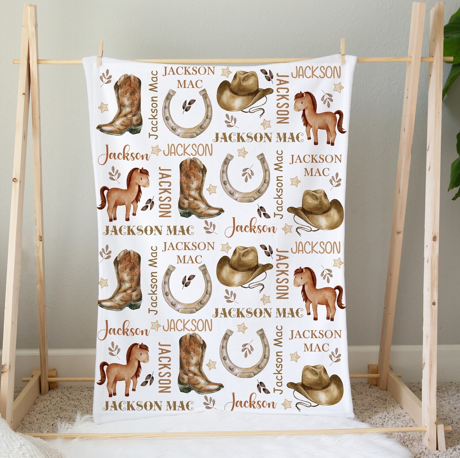 Personalized Boy Blanket Western Cowboy Boots Cowboy Hat Custom Blanket Shower Gift Custom Name Blanket Boy Bedroom Nursery Throw Tummy Time