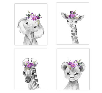 Safari Animals Baby Girl Nursery Wall Art Decor Monogram Purple Floral Elephant Giraffe Lion  4 UNFRAMED PRINTS or CANVAS