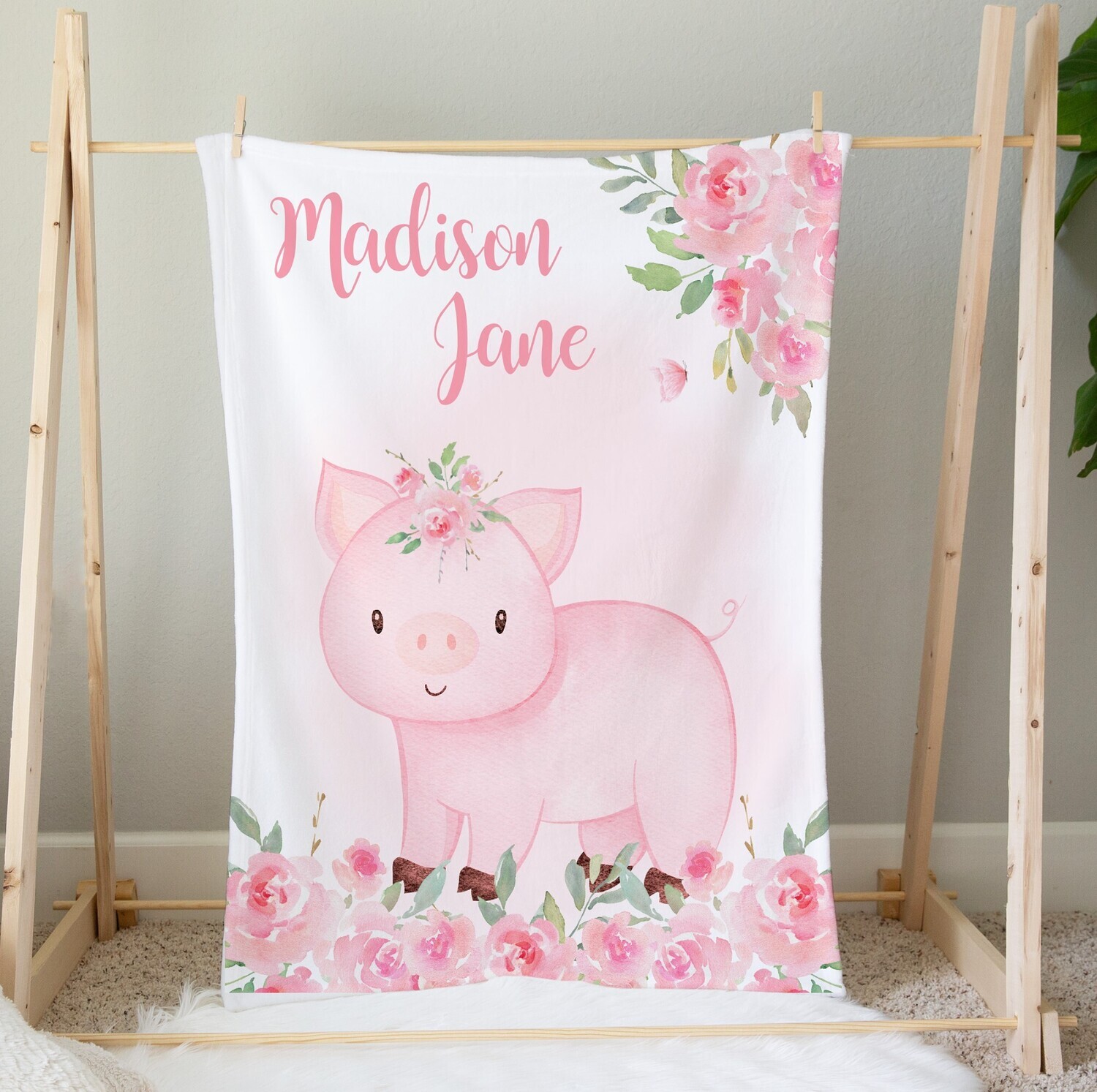 Floral Pig Personalized Baby Blanket Custom Name Blanket Shower Gift Custom Name Blanket Girl Bedroom Nursery Throw Tummy Time