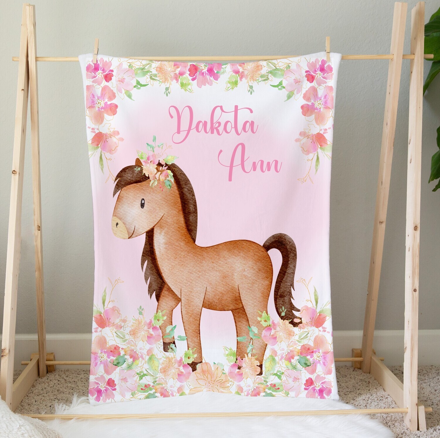 Personalized Baby Girl Blanket Pink Floral Horse Blanket Girls Bedroom Throw Tummy Time Baby Shower Gift