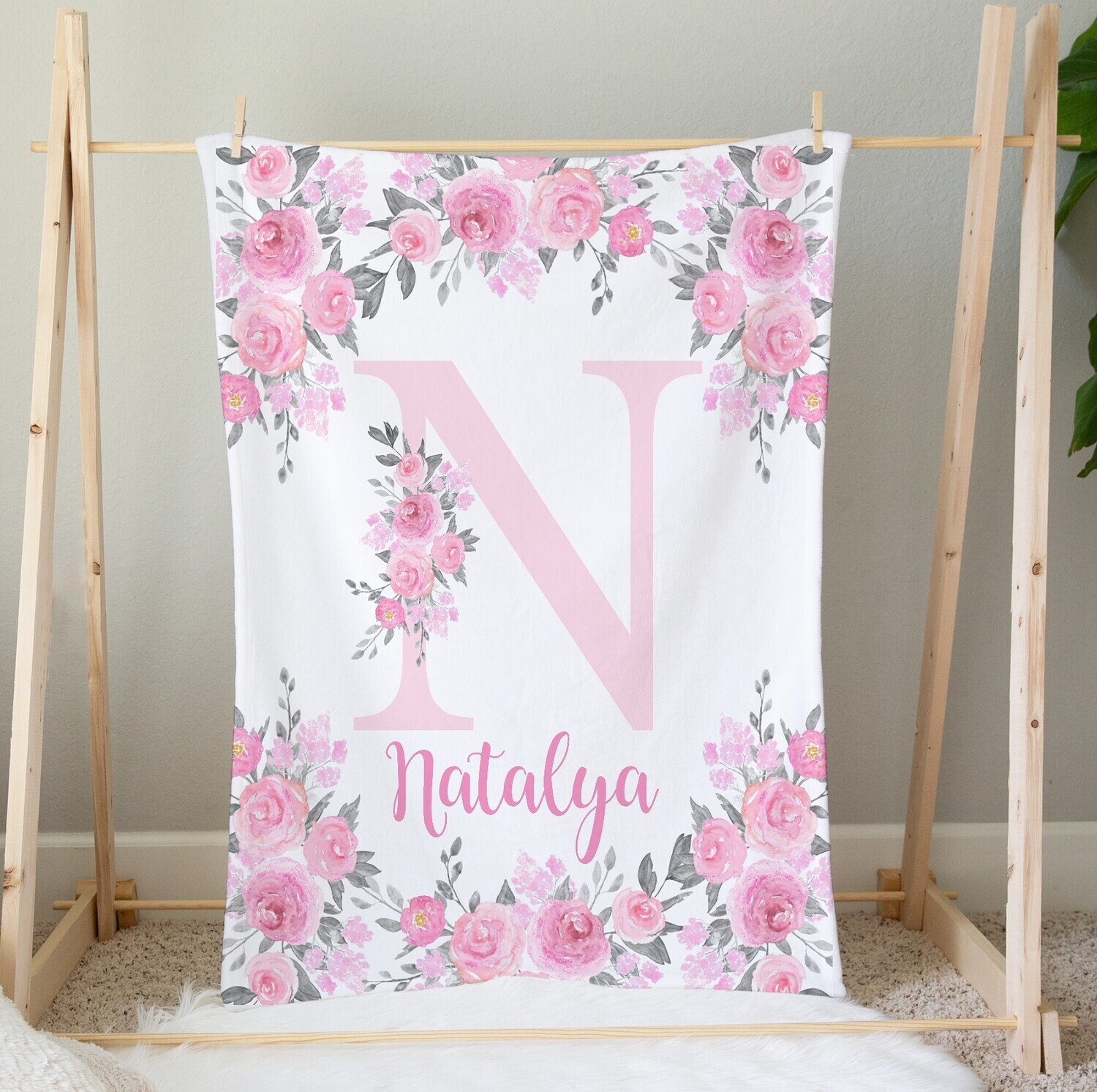 Pink Floral Personalized Blanket Custom Name Blanket Shower Gift Custom Name Blanket Girl Bedroom Nursery Throw Tummy Time