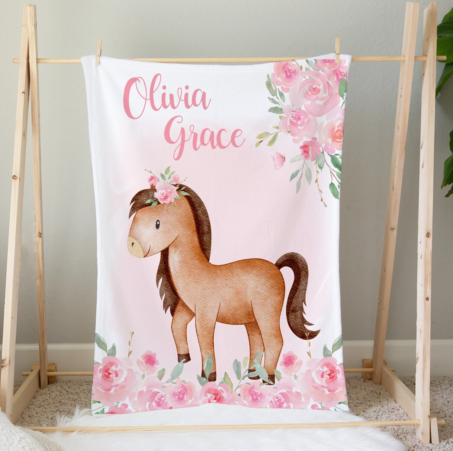 Floral Horse Personalized Blanket Custom Name Blanket Shower Gift Custom Name Blanket Girl Bedroom Nursery Throw Tummy Time