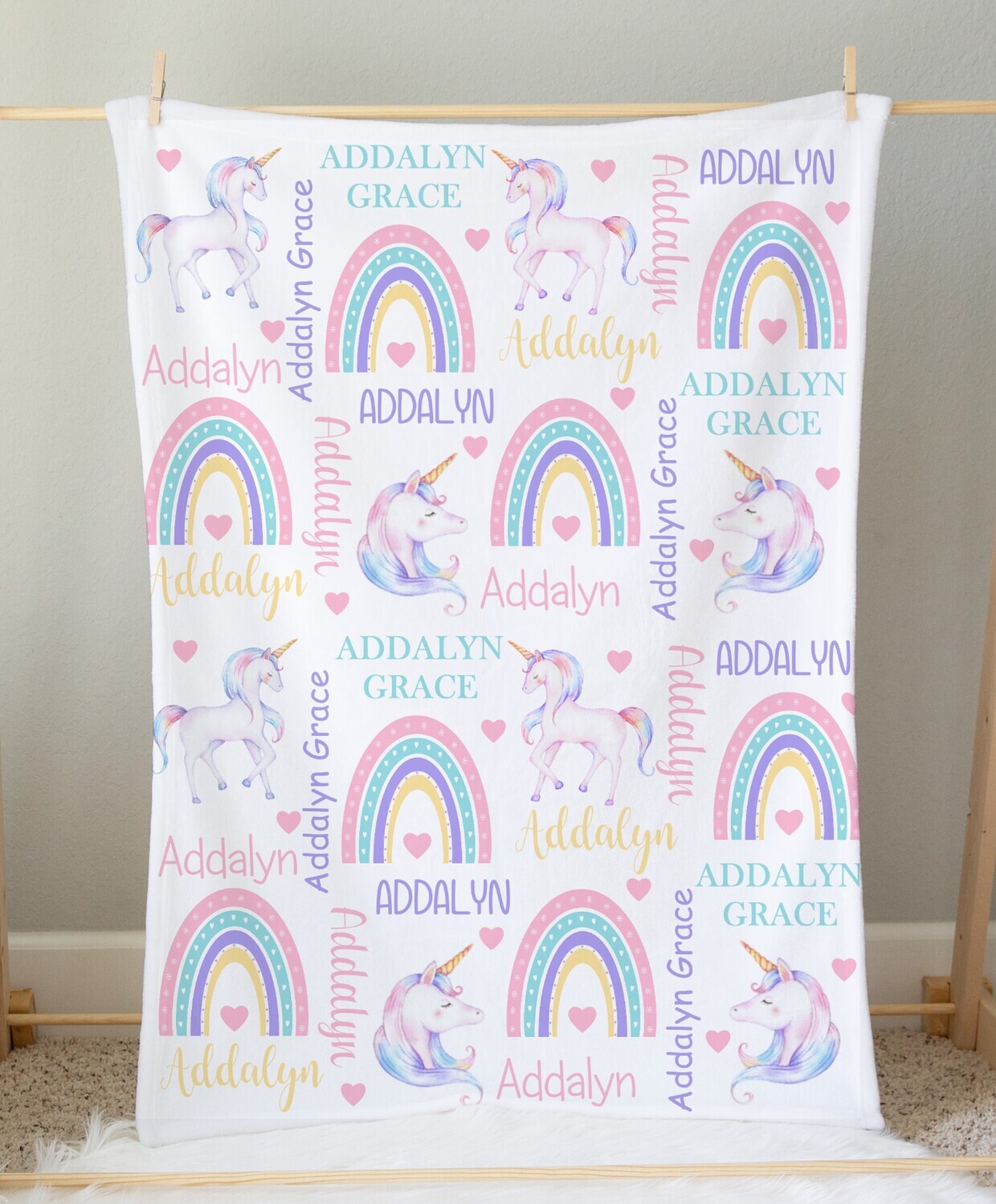 Rainbow Unicorn Personalized Baby Girl Blanket Custom Name Blanket Shower Gift Custom Name Blanket Girl Bedroom Nursery Throw Tummy Time