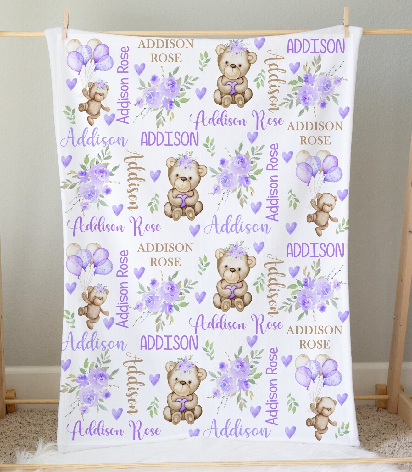 Purple Floral Teddy Bear Personalized Baby Girl Blanket Custom Name Blanket Shower Gift Custom Name Blanket Bedroom Nursery Throw Tummy Time