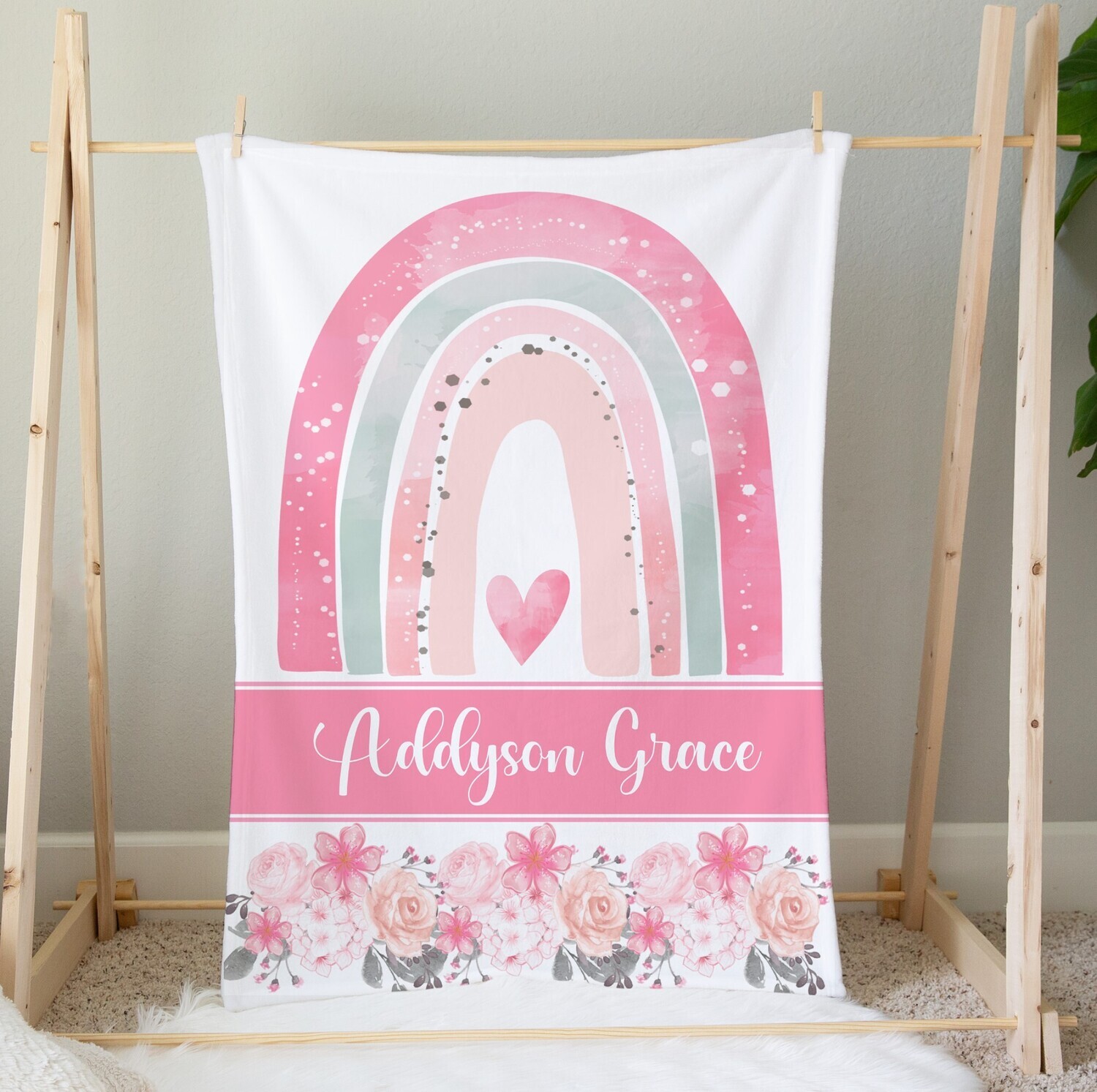 Pink Floral Rainbow Personalized Baby Girl Blanket Custom Name Blanket Shower Gift Custom Name Blanket Bedroom Nursery Throw Tummy Time