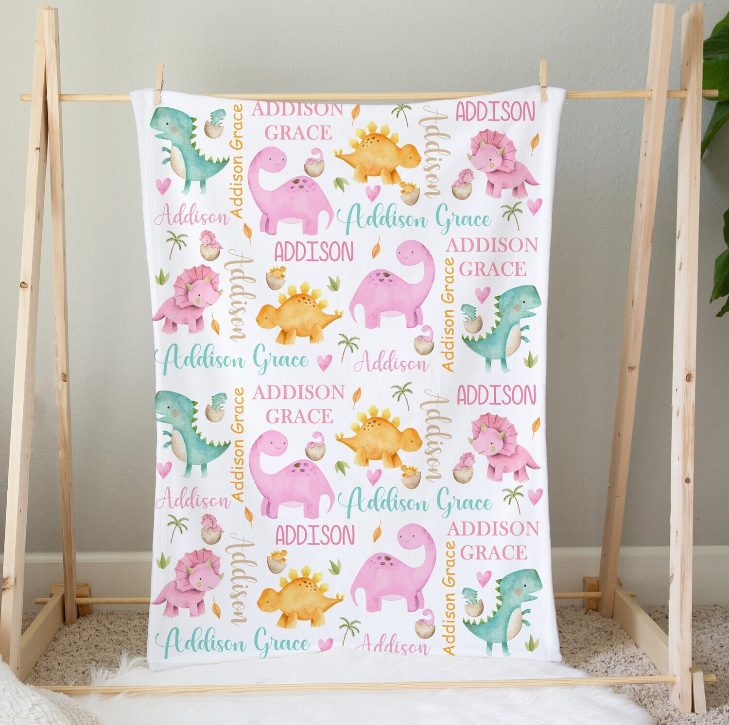 Dinosaur Personalized Baby Girl Blanket Custom Name Blanket Shower Gift Custom Name Blanket Bedroom Nursery Throw Tummy Time