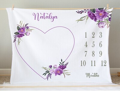 Personalized Girl Milestone Purple Floral Heart Baby Blanket Photo Op Nursery Decor New Baby Shower Gift Crib Blanket Tummy Time
