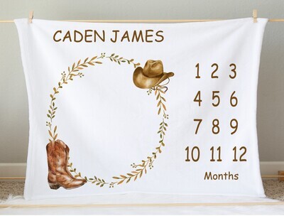 Western Boy Milestone Blanket Personalized Cowboy Boots Hat Baby Blanket Photo Op Nursery Decor New Baby Shower Gift Crib Blanket Tummy Time