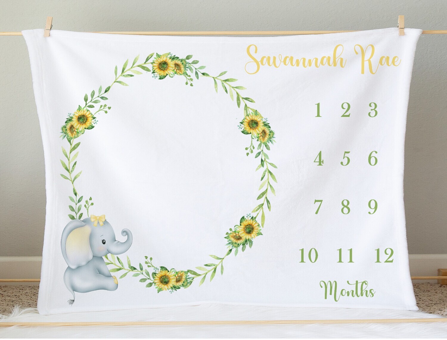 Sunflower Elephant Milestone Baby Girl Blanket Personalized Floral Baby Blanket New Baby Shower Gift Baby Photo Op Backdrop
