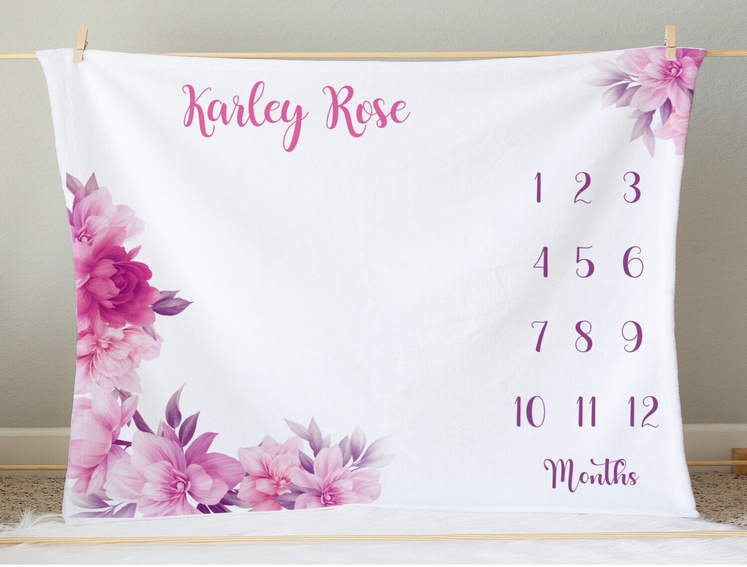 Personalized Girl Milestone Pink Floral Baby Blanket Photo Op Nursery Decor New Baby Shower Gift Crib Blanket Growth Tracker