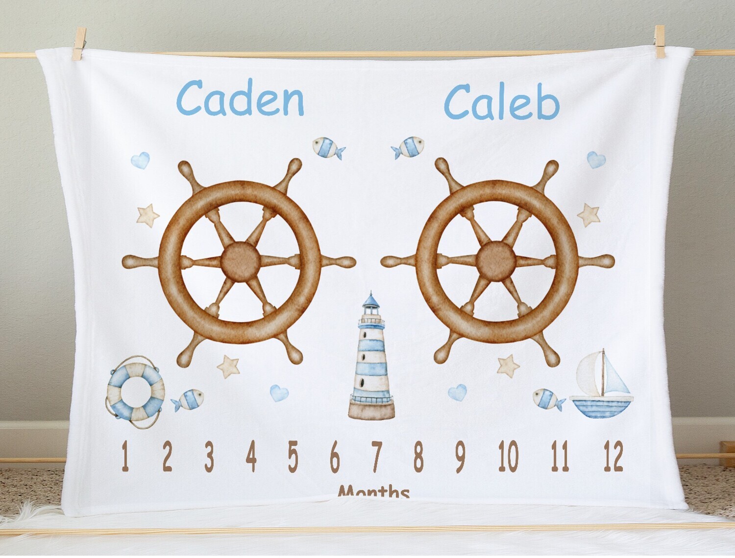 Twins Milestone Blanket Personalized Nautical Baby Blanket Photo Op Nursery Decor New Baby Shower Gift Crib Blanket Tummy Time