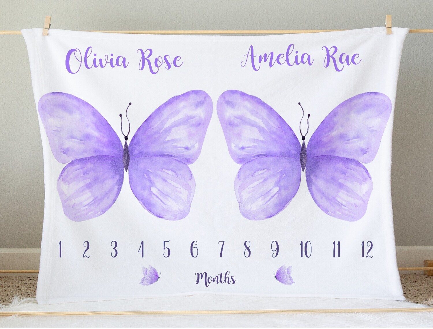 Twins Girls Milestone Blanket Personalized Purple Butterfly Baby Blanket Photo Op Nursery Decor New Baby Shower Gift Crib Blanket Tummy Time