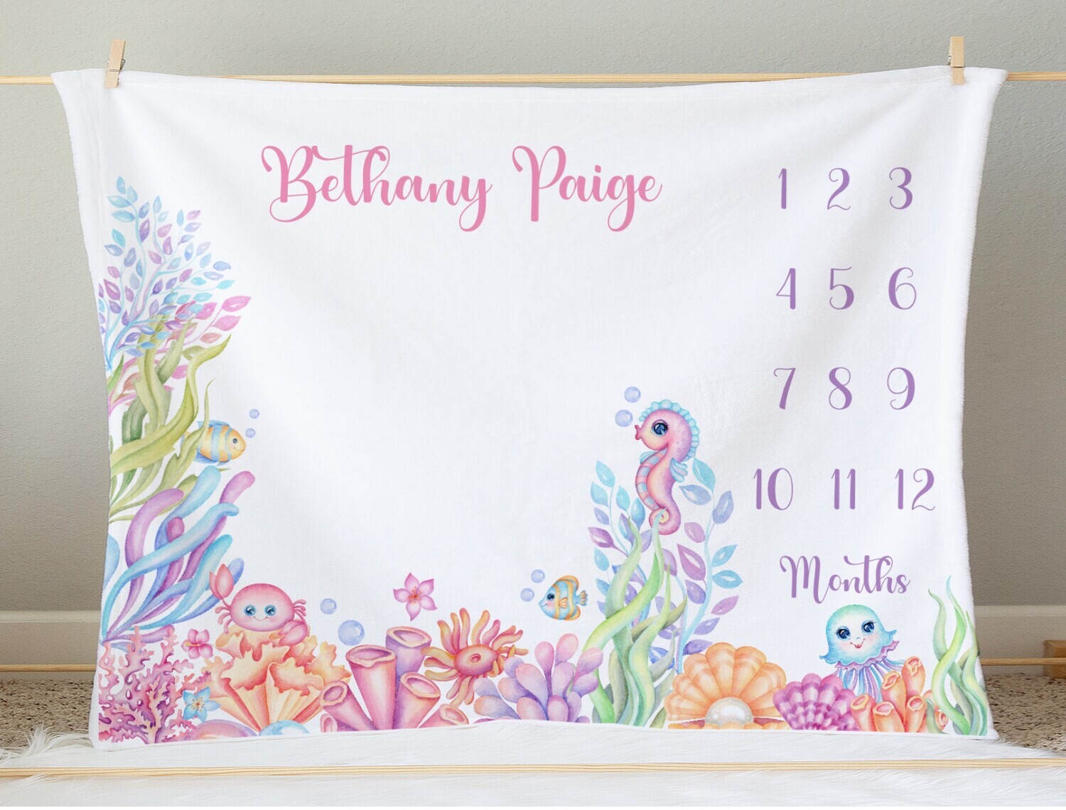 Under The Sea Baby Girl Personalized Milestone Blanket Baby Nursery Decor Month New Baby Shower Gift Baby Photo Op Backdrop