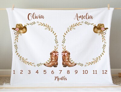 Twins Girl Milestone Blanket Personalized Western Cowboy Boots Hat Baby Blanket Photo Op Nursery Decor New Baby Shower Gift Crib Blanket Tummy Time