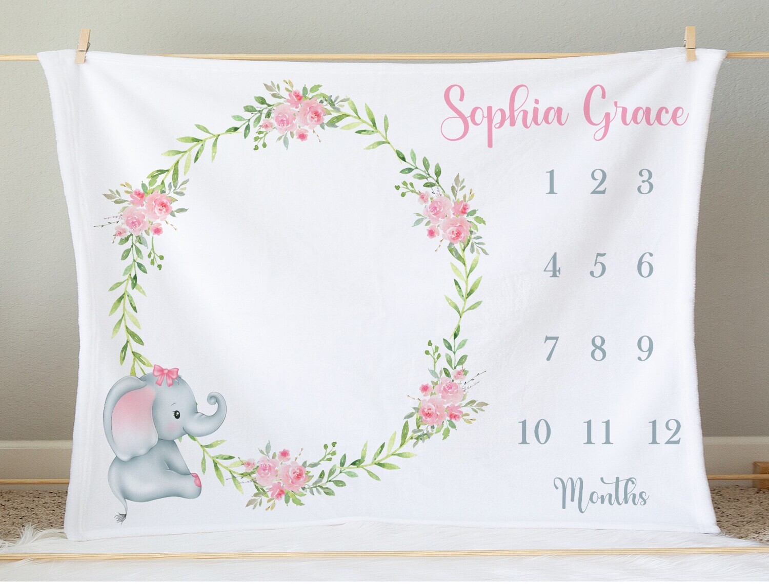 Pink Floral Elephant Milestone Baby Girl Blanket Personalized Floral Baby Blanket New Baby Shower Gift Baby Photo Op Backdrop
