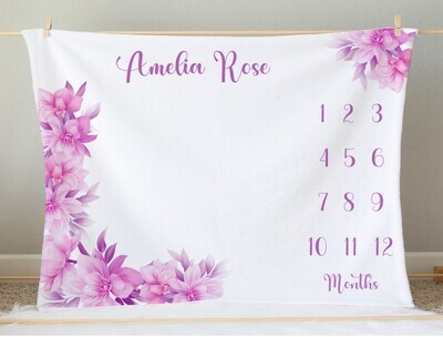 Personalized Girl Milestone Pink Floral Baby Blanket Photo Op Nursery Decor New Baby Shower Gift Crib Blanket Growth Tracker