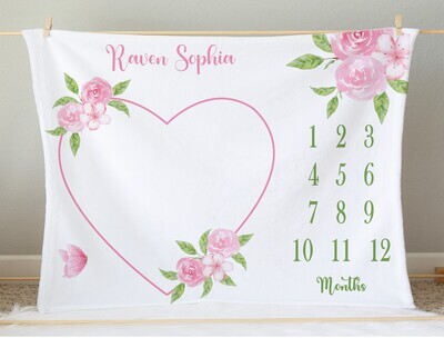 Personalized Girl Milestone Pink Floral Heart Baby Blanket Photo Op Nursery Decor New Baby Shower Gift Crib Blanket Tummy Time