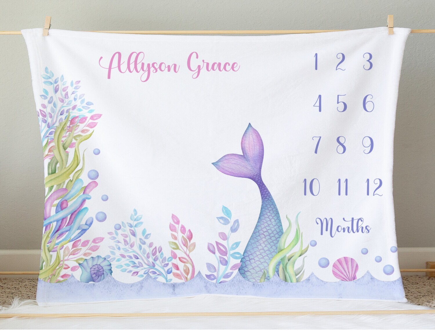 Mermaid Tail Baby Girl Personalized Milestone Blanket Baby Nursery Decor Month New Baby Shower Gift Baby Photo Op Backdrop