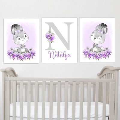 Personalized Purple Bunny Rabbit Baby Girl Nursery Wall Art Canvas Wall Pink Floral Set of 3 Unframed Prints