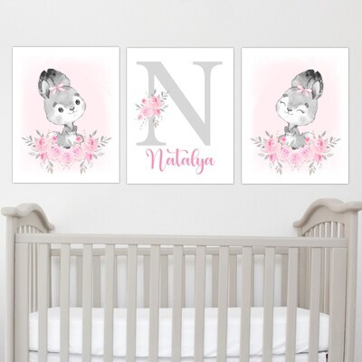 Personalized Pink Bunny Rabbit Baby Girl Nursery Wall Art Canvas Wall Pink Floral Set of 3