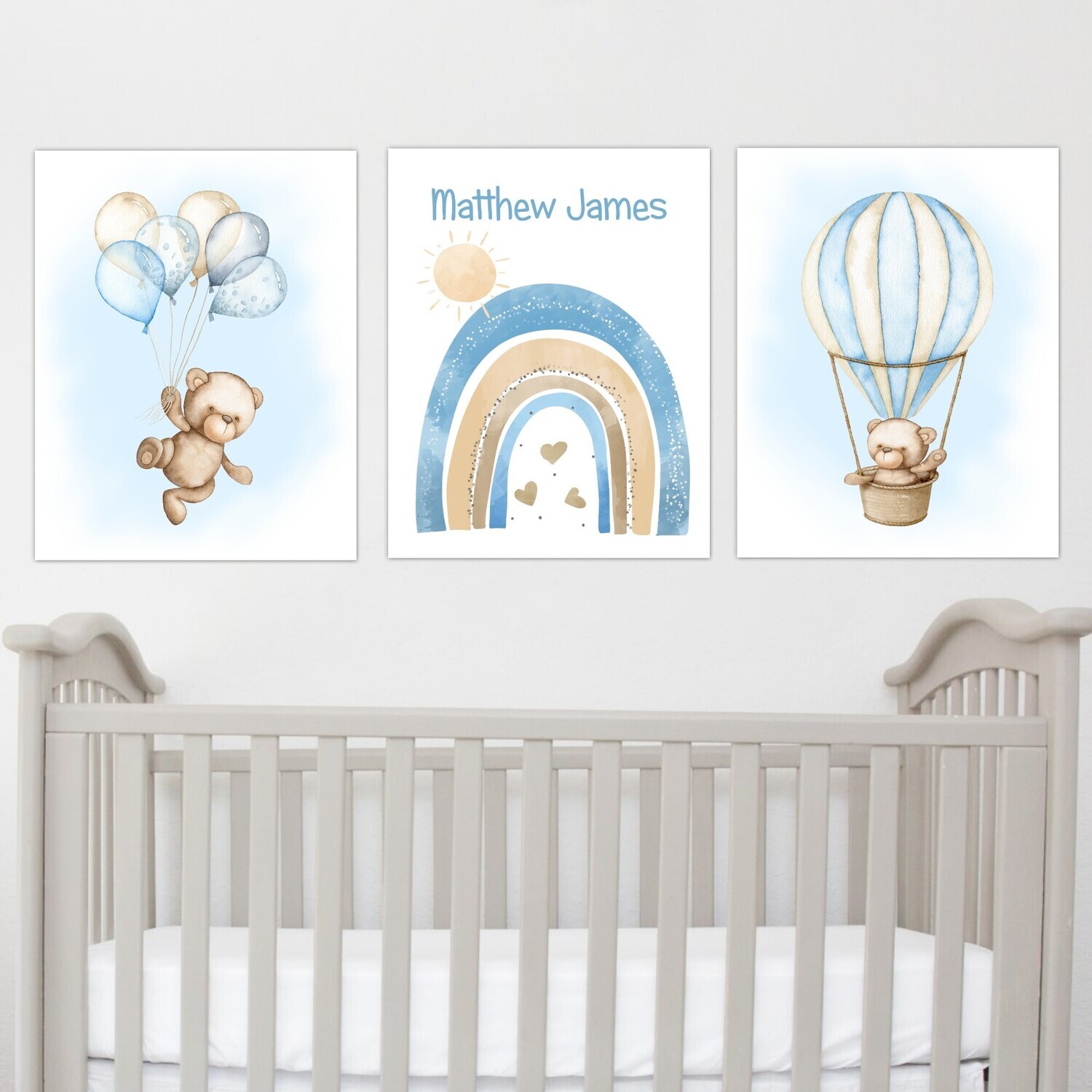 Teddy Bear Personalized Baby Boy Nursery Wall Art Prints or Canvas Set of 3