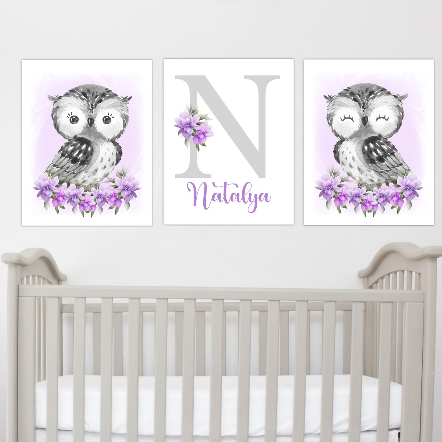 Personalized Purple Owl Baby Girl Nursery Wall Art Canvas Wall Pink Floral Set of 3 Unframed Prints