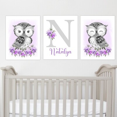 Personalized Purple Owl Baby Girl Nursery Wall Art Canvas Wall Pink Floral Set of 3 Unframed Prints