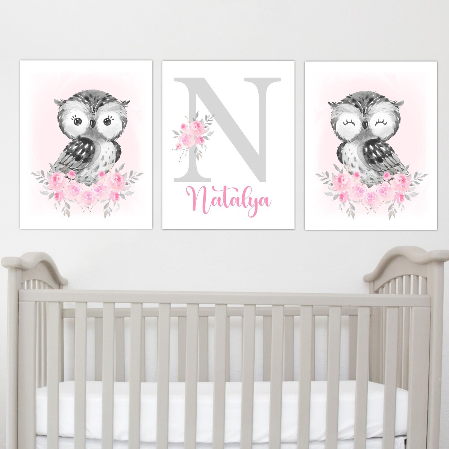 Personalized Pink Owl Baby Girl Nursery Wall Art Canvas Wall Pink Floral Set of 3 Unframed Prints