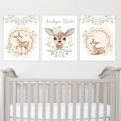 Cute Deer Personalized Floral Baby Girl Nursery Wall Art Prints or Canvas
