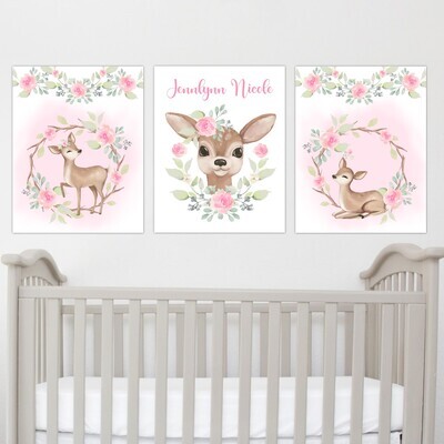 Cute Deer Personalized Pink Floral Baby Girl Nursery Wall Art Prints or Canvas