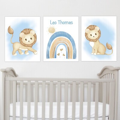 Cute Lion Rainbow Personalized Baby Boy Nursery Wall Art Prints or Canvas