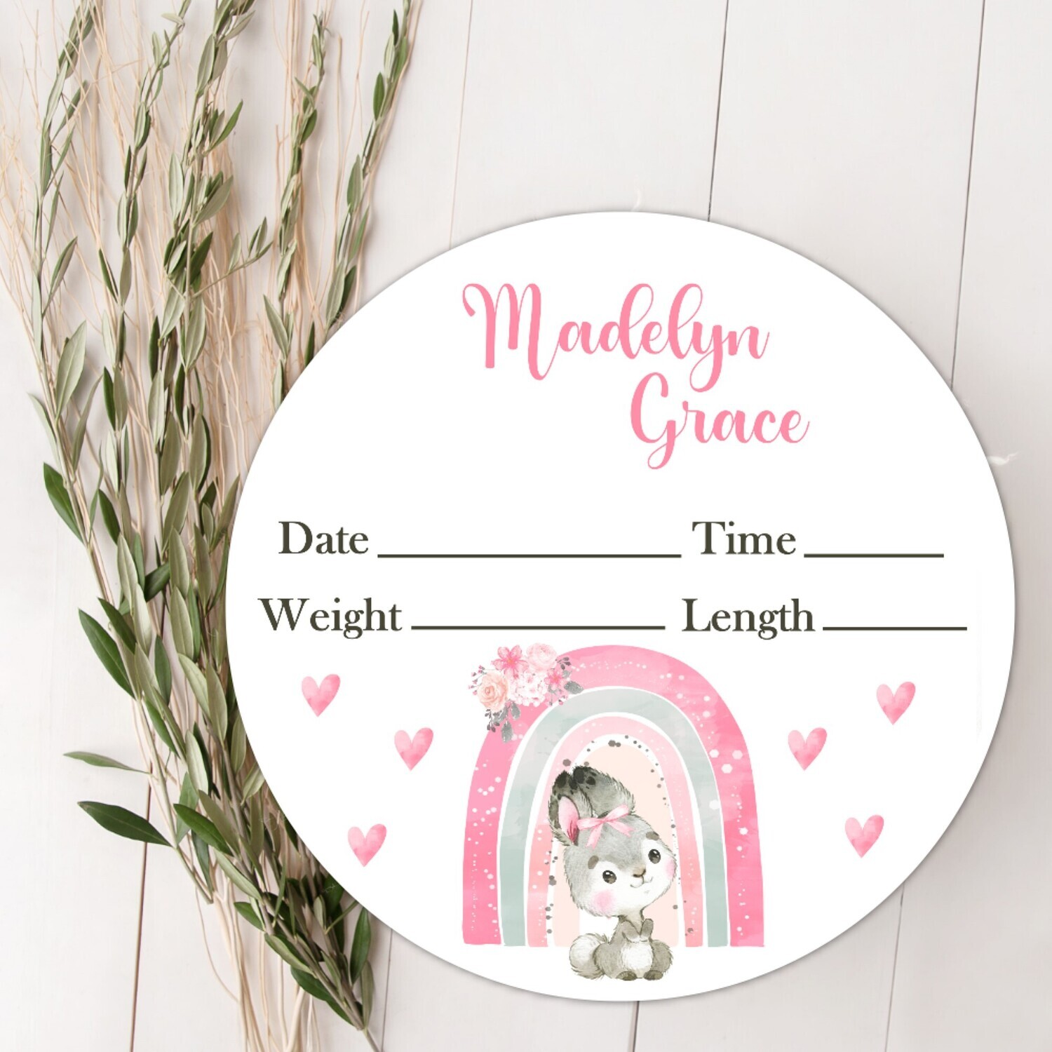 Pink Rainbow Bunny Baby Girl Birth Stat Name Sign, Personalized Baby Plaque, Fresh 48 Custom Baby Name Sign, Birth Announcement Sign, Custom Baby Nursery Decor Baby Gift