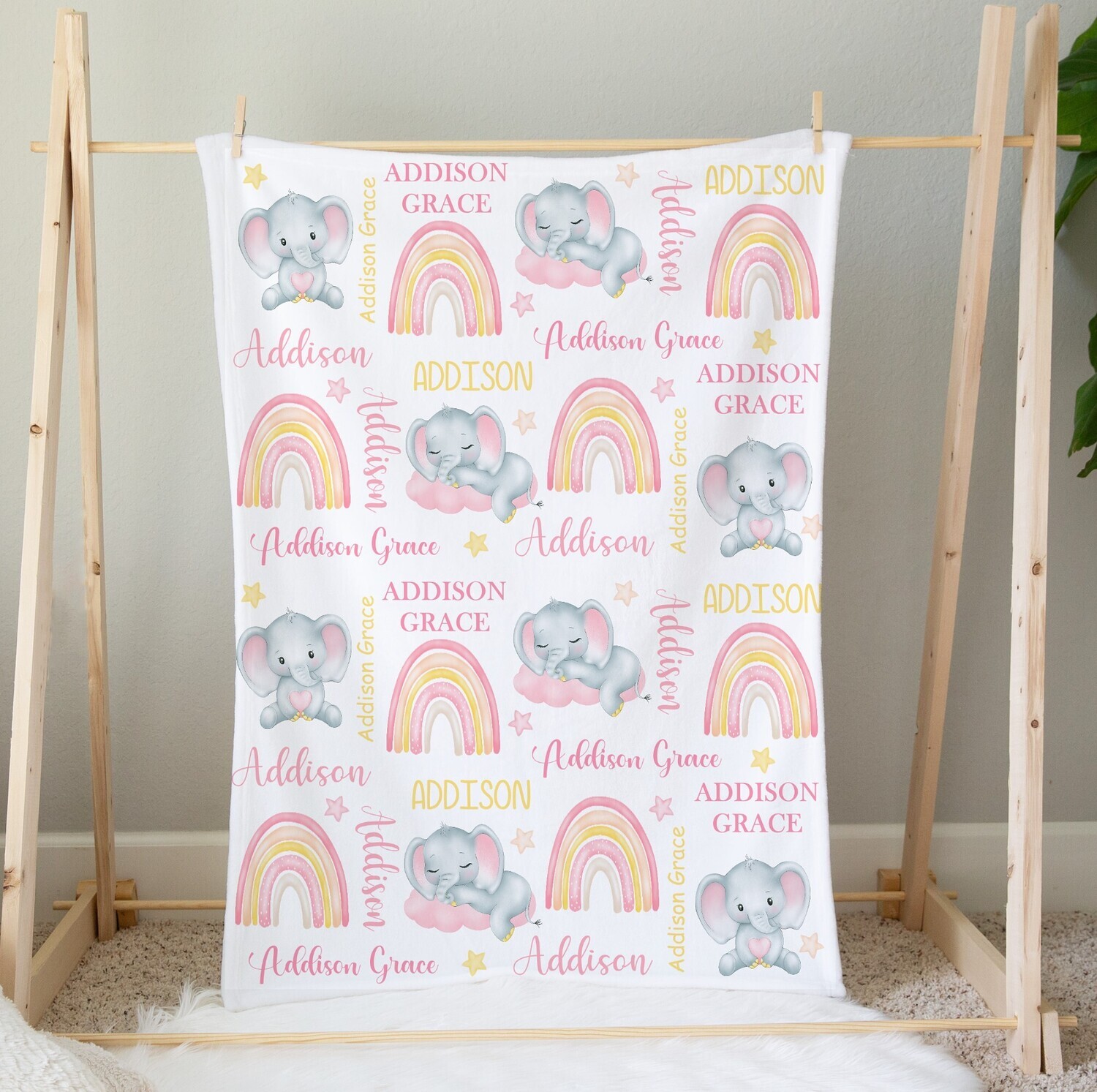 Rainbow Elephant Personalized Baby Girl Blanket Custom Name Blanket Shower Gift Custom Name Blanket Bedroom Nursery Throw Tummy Time